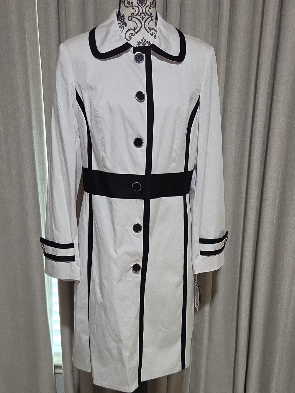 Alfani White Long-Sleeve Trench Dress with Black Trim